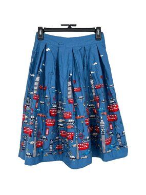 Whimsical Novelty London City Bus Print Skirt Retro Rockabilly Blue Size XS